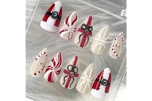 LOPMNGHT 30Pcs Christmas Press on Nails Medium Almond Artificial Acrylic False Nails Snowflake Red White Stripe Candy with Rhinestones Stick on Nail Full Cover Winter Artificial Fingernails for Women Festival