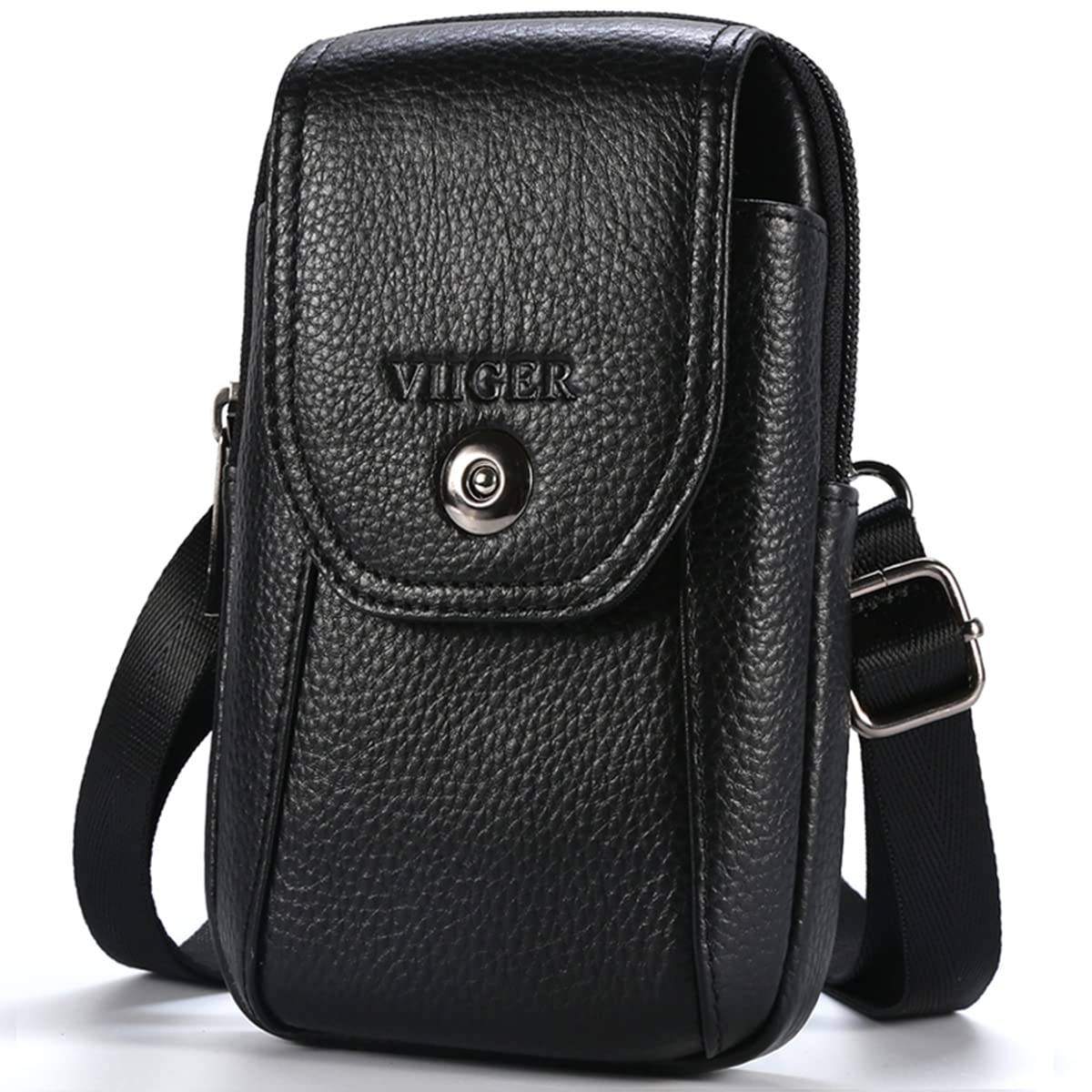 VIIGER Genuine Leather Cell Phone Shoulder Holster with Belt Loop Compatible for iPhone 16 Pro Max 15 Pro Max Galaxy S25 Ultra S24 Ultra, Multi-pocket Crossbody Phone Bag Wallet Purse Belt Clip Pouch