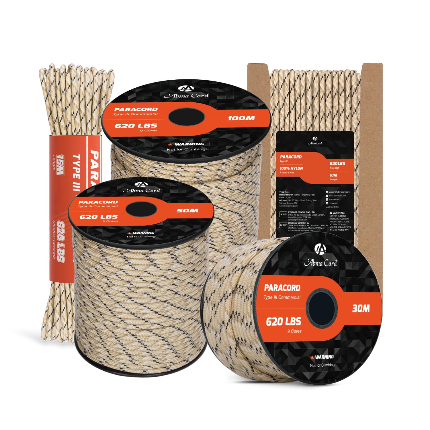 Abma Cord Paracord 4mm 15m 100% Nylon Rope 9 Strands Type III Parachute Cord for DIY, Camping, Survival, Outdoor - Max. 280kg - Desert Camo