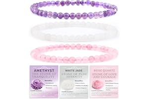 NCB 3-Piece 4mm Natural Crystal Gemstone Stretch Bracelets – ﻿Amethyst, Pink Quartz, White Jade Handmade Reiki Energy Healing