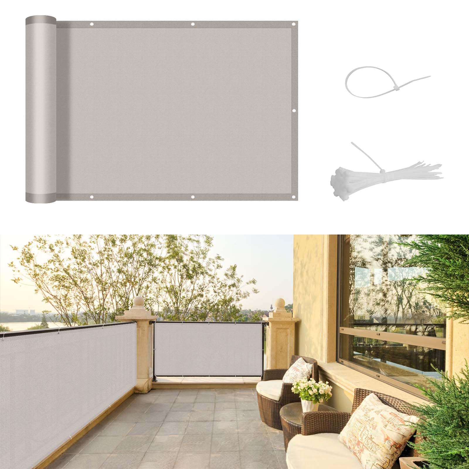 SUNNY GUARD Balcony Privacy Screen 90x400cm Fence Screen for Balcony and Patio Cover,UV protection waterproof and windproof,with Cable Ties,Taupe