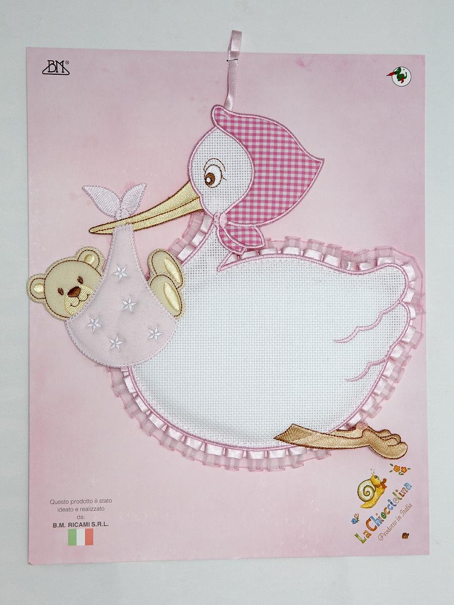 Birth Ribbon, Stork to Embroider with Pink Bear