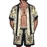 ZSJR Mens Hawaiian Shirt Sets Satin Silk Casual Button Down Shirts 2 Piece Luxury Summer Beach Outfits for Men