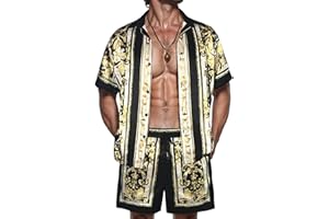 ZSJR Mens Hawaiian Shirt Sets Satin Silk Casual Button Down Shirts 2 Piece Luxury Summer Beach Outfits for Men