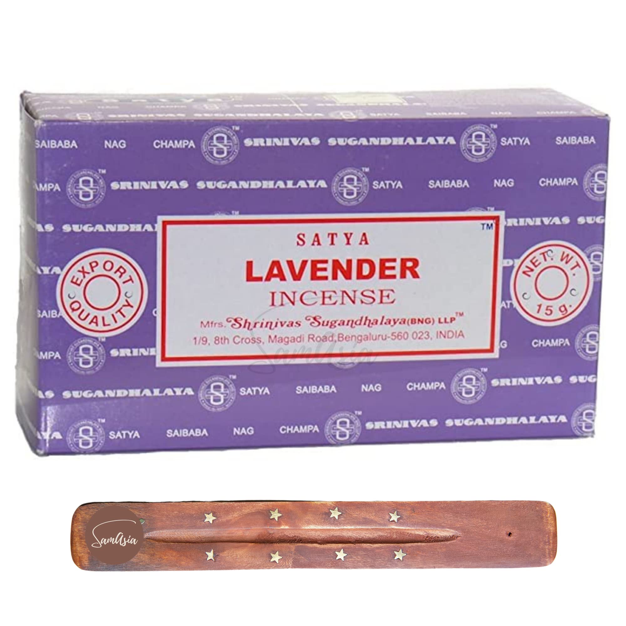 Satya Nag Champa Lavender Incense Sticks | x12 pack | with SAMASIA incense sticks holder | Used for Laomatherapy, Spa, Yoga, Weddings, Meditation, Healing, Positivity and Relaxation