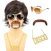 PUREHAIR Retro 70s Disco Wig for Men with Mustache Glasses and Chain Perfect for Rocker Singer Hippie Cosplay Mens 70s 80s Disco Outfit Costume Wigs (Brown)