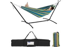 EVLIQUIL Double Hammock with Stand Included 450lb Capacity Space Saving Steel Stand,Premium Carry Bag Included,Suit for Outside,Indoor,Yard,Camping(Vigor Green).