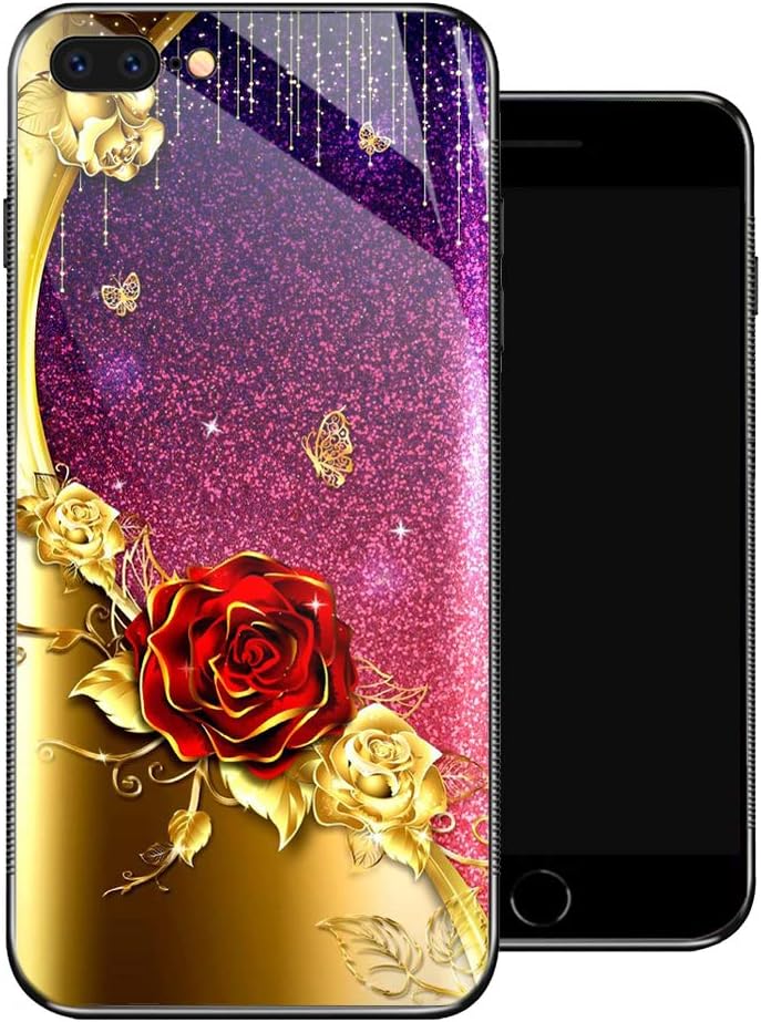 ZHEGAILIAN iPhone 8 Case, Golden Purple Red Rose iPhone 7 Cases for Girls,Tempered Glass Pattern Design Back Cover [Shock Absorption] Soft TPU Bumper Frame Support Case for iPhone 7/8 Sparkling