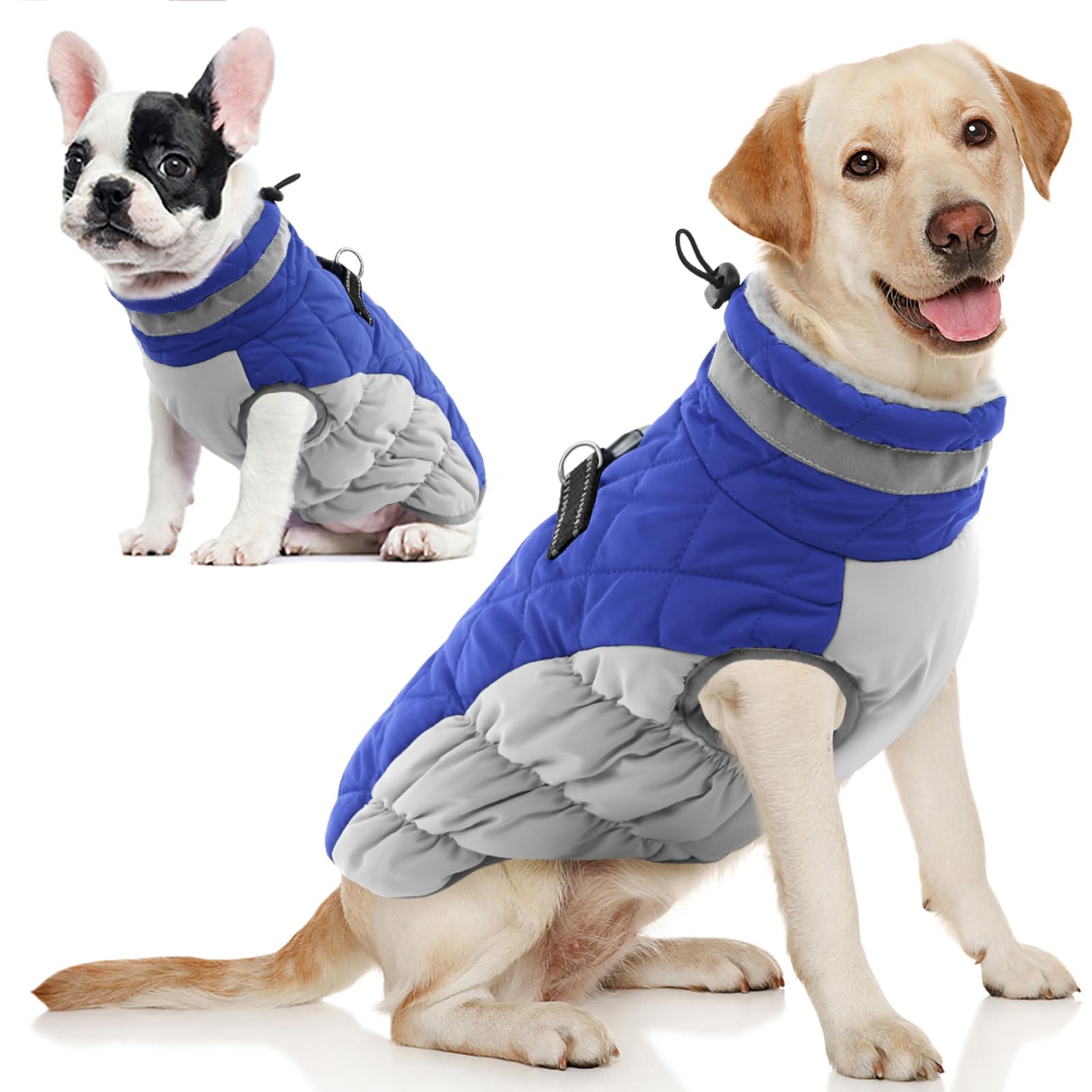 AOFITEE Dog Coat, Warm Dog Winter Coat, Reflective Cold Weather Dogs Puffer Jacket with Harness Built in, Waterproof Pet Fleece Vest Snowsuit for Small Medium Large Dogs, Blue L