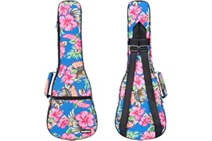 CLOUDMUSIC Ukulele Case Gig Bag Padded Backpack For Tenor 26" Inch(Tenor, Hawaii Hibiscus and Palm In Light Blue)
