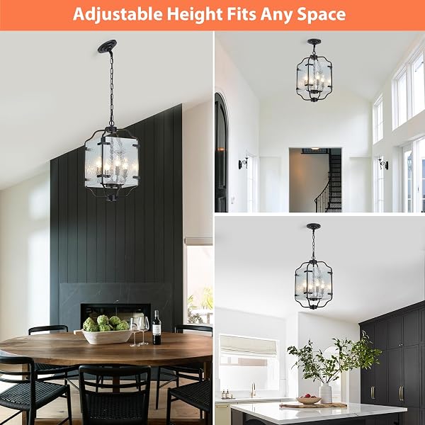 MAJHOIW 10.2″ BLACK CHANDELIERS GLASS 4 LIGHT MODERN FARMHOUSE LANTERN CAGE LAMP ADJUSTABLE HANGING PENDANT LIGHTING FIXTURE FOR KITCHEN ISLAND ENTRYWAY FOYER DINING ROOM