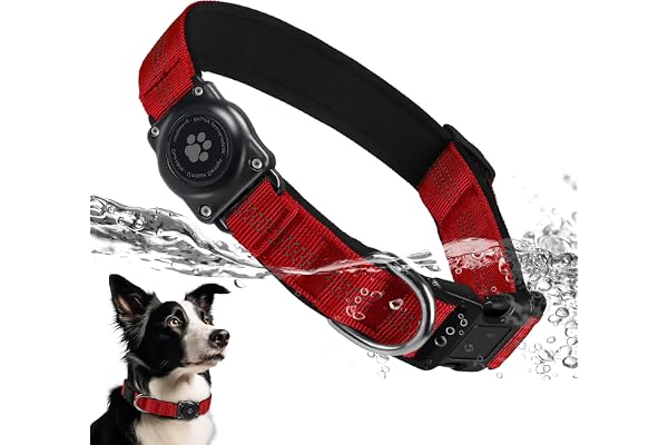 Upgrade Dog Collar with AirTag Holder, IP68 Waterproof, Red, L | Built-in Water Resistant AirTag holder, 1000D Nylon, Reflect