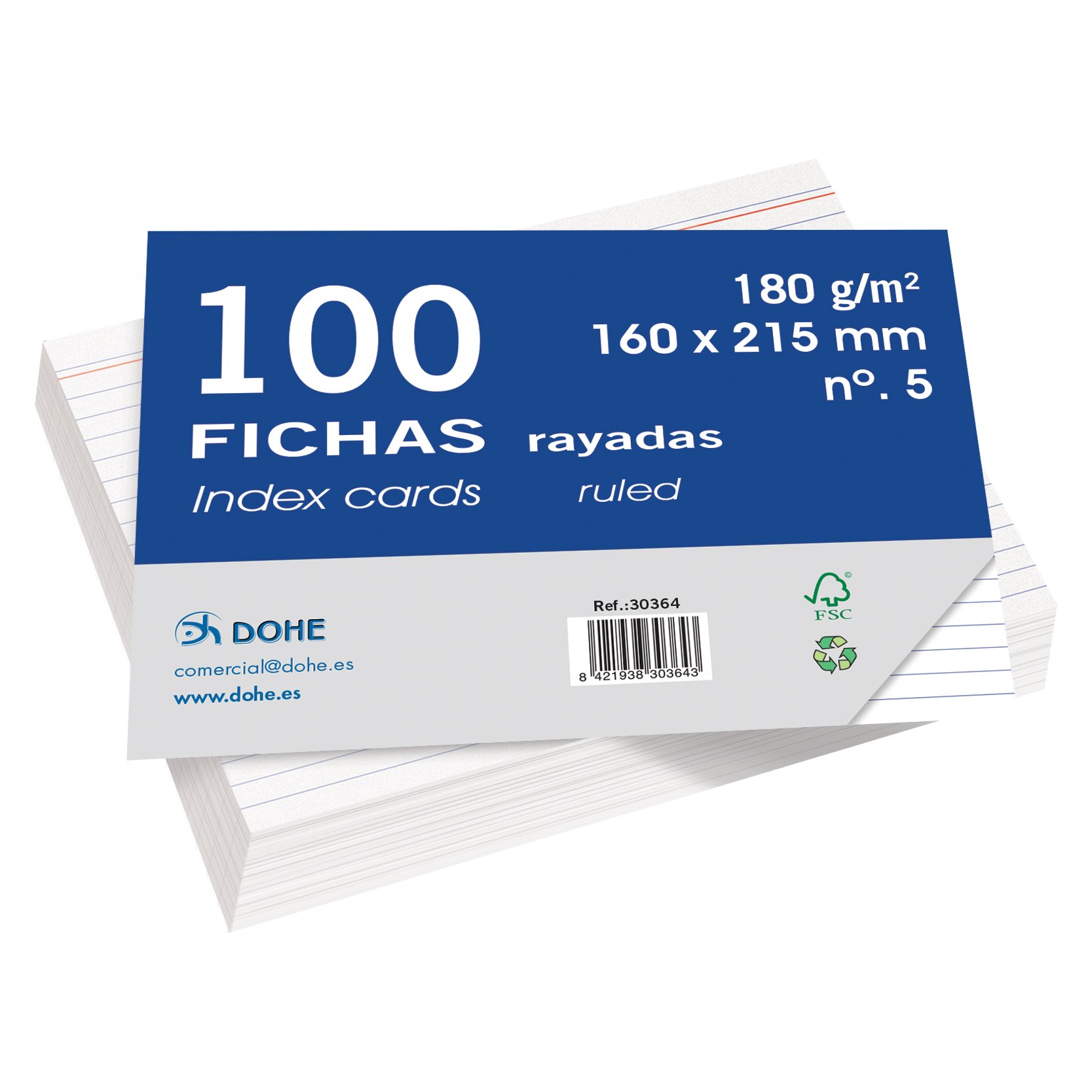 Dohe - Pack of 100 Sheets of Lined White Card, 180 gr, No. 5, 160 x 215 mm - FSC Mix AEN-COC-000243