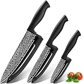 Gourmetop 3PCS Kitchen Knife Set with Cover, Sharp Black Knives for Cooking | 8" Chef, 5" Utility, 3.5" Paring Knives, Food-Grade Nonstick Coating, Damascus Pattern, for Chopping, Slicing and Peeling