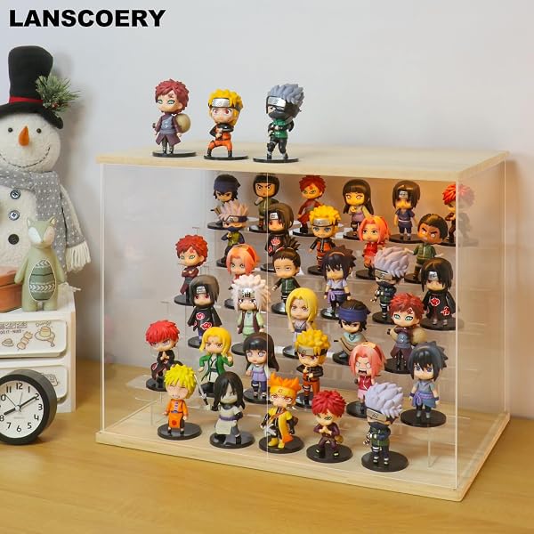 LANSCOERY LED LIGHTED ACRYLIC DISPLAY CASE, 6 TIER DISPLAY BOX FOR COLLECTIBLES AND ACTION FIGURES, CLEAR DUSTPROOF ORGANIZER WITH WOODEN BASE – 22.8X11.9X14.7INCH