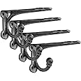 Cast Iron Shelf Brackets 4 Inch, 4 Pack Black Rustic Shelf Brackets with Hooks，Heavy Duty Floating Brackets Wall Mounted, Decorative Brackets for Wood Shelves