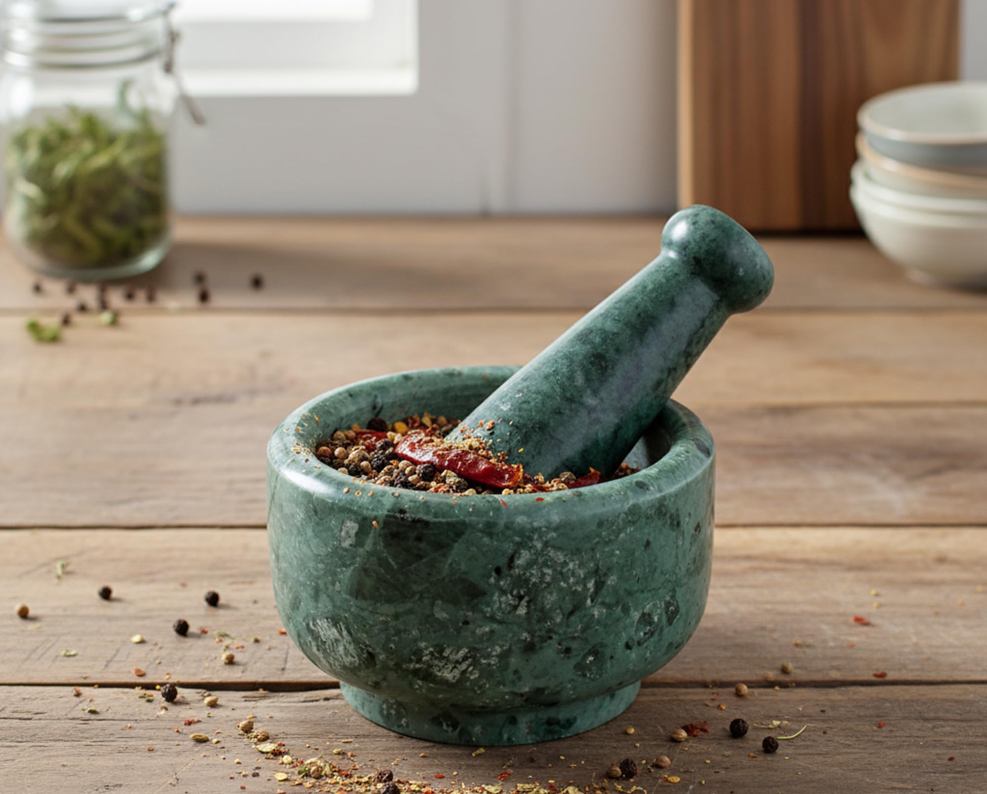 KLEO 5" Diameter Natural Stone Mortar and Pestle Set as Spice Grinder, Medicine Masher - Okhli & Musal (Green)