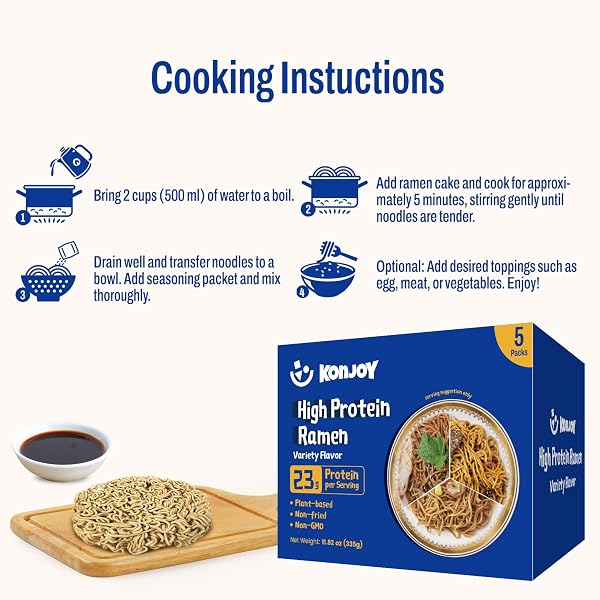 KONJOY PROTEIN RAMEN VARIETY PACK, 5-PACK HIGH PROTEIN RAMEN NOODLES(23G) WITH SAVORY CRAYFISH CHILI, SICHUAN MALA, HOT SPICY CHICKEN SAUCES – PLANT-BASED, NON-FRIED, LOW FAT, VEGAN HEALTHY MEAL