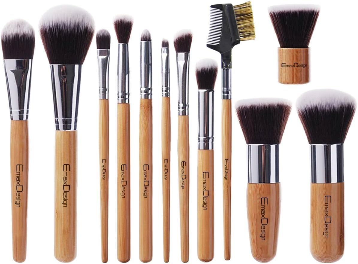 EmaxDesign 12 Pieces Makeup Brush Set Professional Bamboo Handle Premium Synthetic Kabuki Foundation Blending Blush Concealer Eye Face Liquid Powder Cream Cosmetics Brushes Kit With Bag