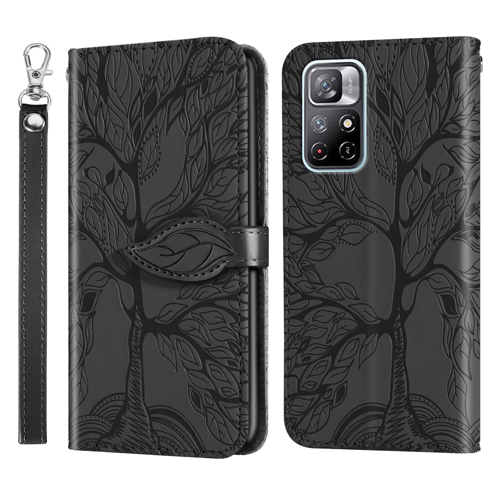 Rostsant Case for Xiaomi Redmi Note 11 4G / Redmi Note 11S Embossed Tree PU Leather Flip Cover Wallet Magnetic Phone Cover for Xiaomi Redmi Note 11S / Xiaomi Redmi Note 11 4G - Black — image 1