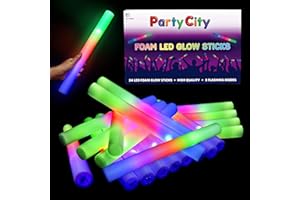 Party City 24pk LED Foam Glow Sticks 14”- Glow in the Dark Party Supplies Favors, Colorful Flashing Wand with 3 Modes, Light Up Foam Sticks Bulk Party Pack for Wedding, Birthday, Concert