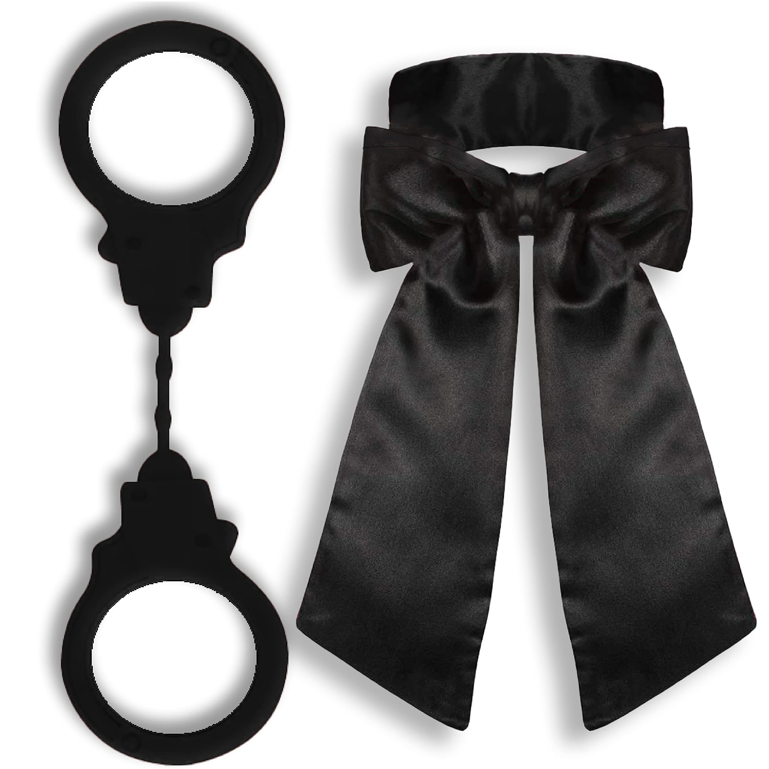 Funbrations Handcuffs Adult Bedroom - 2 Pack - Strong & Stretchy Silicone Handcuffs And Satin Blindfold - UK Based Brand