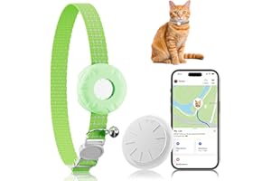 ZFSJTAG Cat GPS Tracker, Smart Cat Tracker Compatible with Apple Find My App (Only iOS), No Monthly Fee, Waterproof, Breakaway Collar Included (White Tracker, Green Cat Collar)