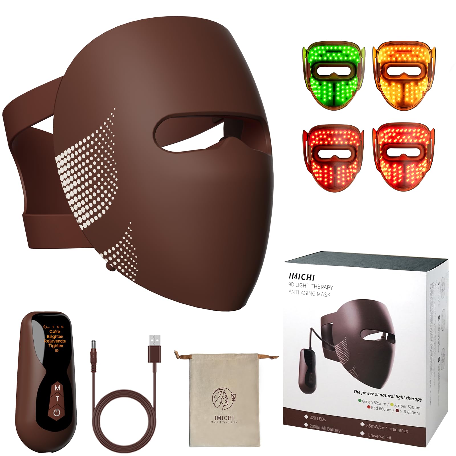 IMICHI Silicone LED Face Masks Light Therapy, 320 Pieces LEDs 4 Colours Light Therapy Mask for Anti-Ageing, Rejuvenation, Firming, Red Light Mask Face for All Skin Types