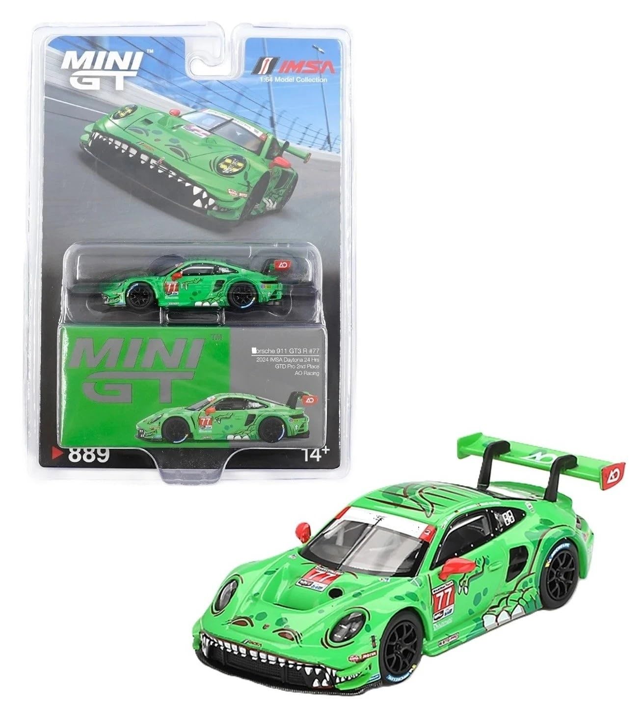 Photo 1 of 1:64 Diecast Model Car Compatible with Porsche 911 GT3 R #77 AO Racing 2024 IMSA Daytona 24 Hrs GTD Pro 2nd Place Limited Edition by Mini GT MGT00889
