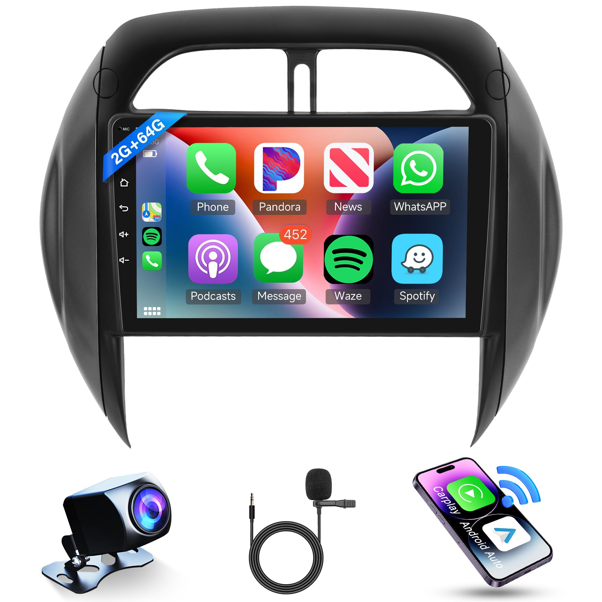 Photo 1 of 2G+64G Android Car Radio Car Stereo for Toyota RAV4 2003 2004 2005 with Wireless Carplay Android Auto, 9’’ Touch Screen Head Unit with Mirror Link WiFi GPS Bluetooth FM RDS EQ Backup Camera Mic
