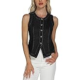 D-Sun Women Denim Vest Sleeveless Crewneck Button Down Jean Waistcoat Casual Front Slit Slim Denim Tank Top