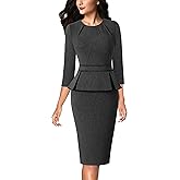 VFSHOW Womens Pleated Crew Neck Peplum Slim Work Business Dress Elegant 3/4 Sleeves Office Church Bodycon Pencil Sheath Dress