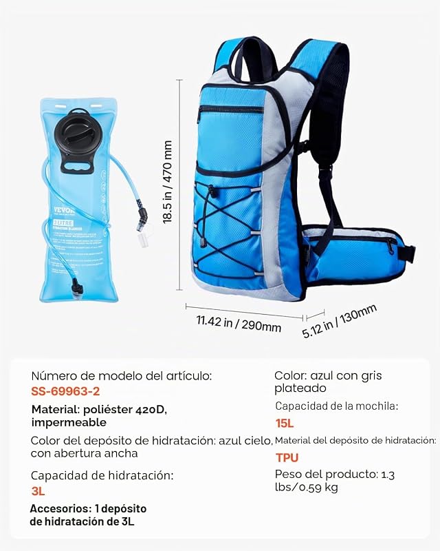 Mochila de Hidratación Aislada de 15 L con Vejiga de Agua de TPU de 3 L, Mochila para Correr Mochilas de Senderismo para Ciclismo Correr Viaje Negro, para Hombres y Mujeres, 470 x 290 x 130 mm