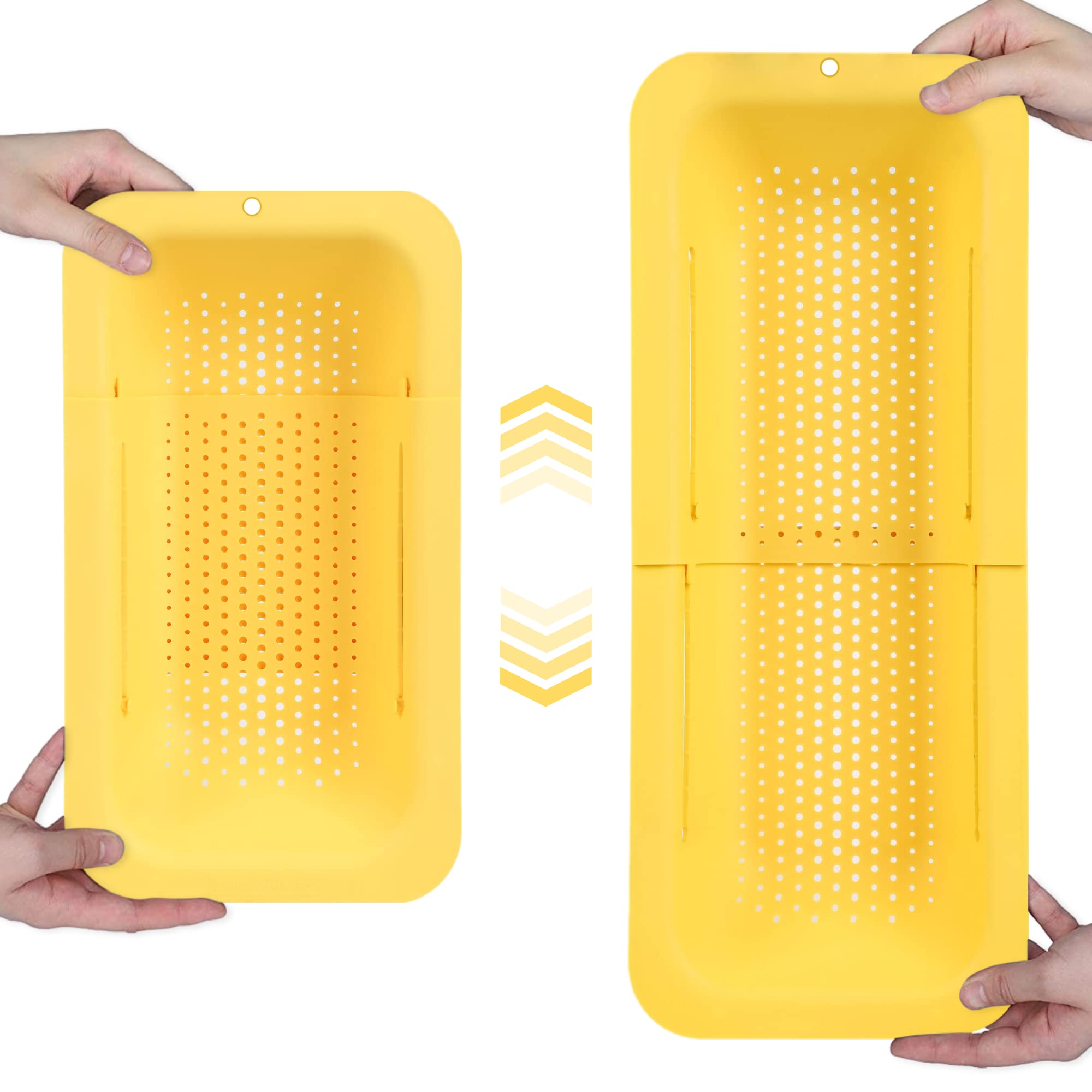 BLUE GINKGO Over the Sink Colander Strainer Basket - Wash Vegetables and Fruits, Drain Cooked Pasta - Extendable - Kitchen Essentials (7.9 W x 14.5-19.5 L x 2.75 H) - Yellow