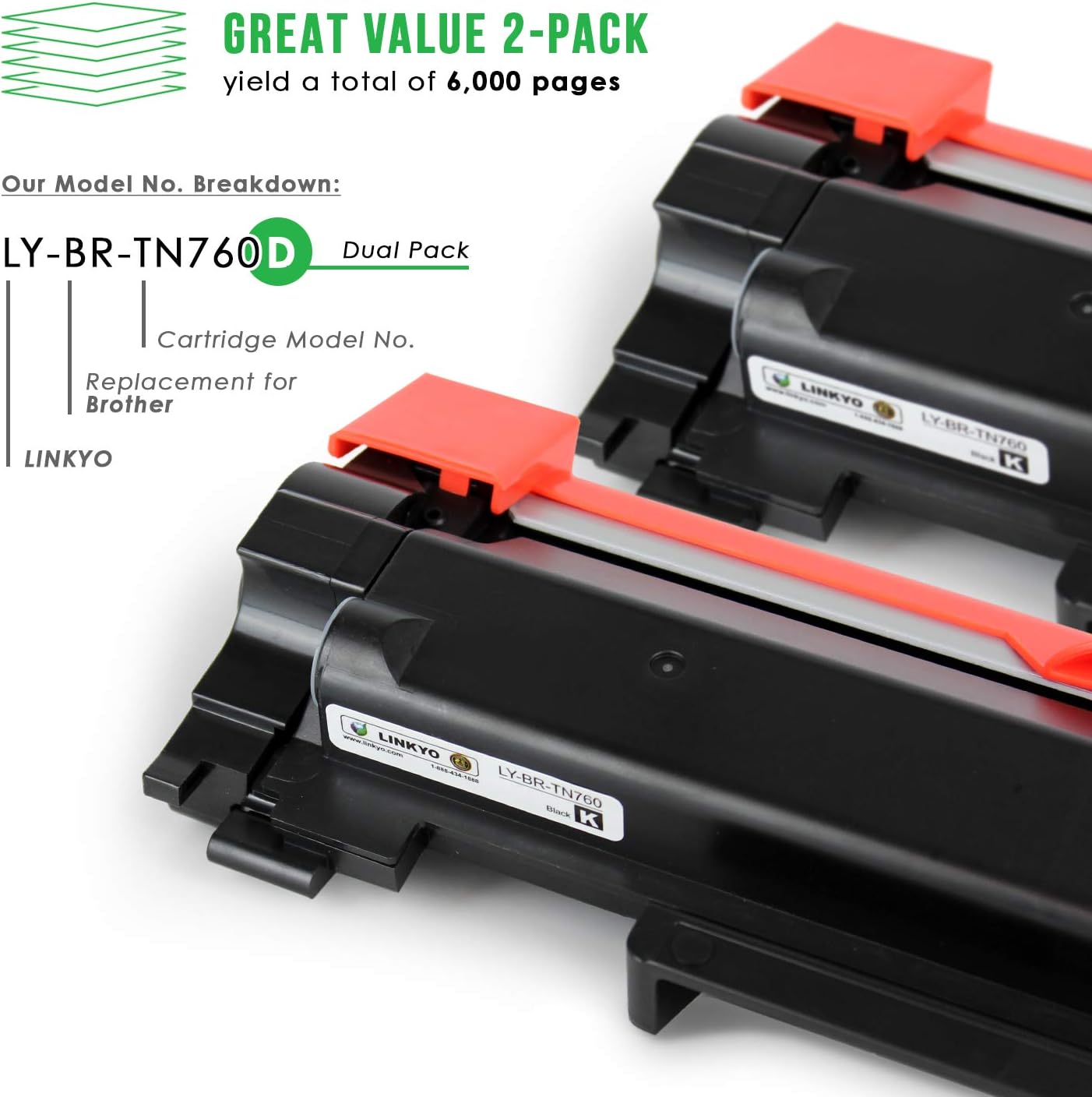 LINKYO Compatible Toner Cartridge Replacement for Brother TN760 TN-760 TN730 (Black, High Yield, 2-Pack): Office Products