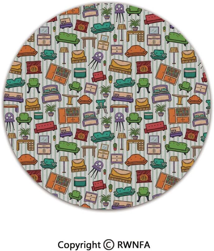 AngelSept Quality Well Woven Barclay Round Area Rugs,Various Home Interior Elements Armchair Table Mirror Design Elements Doodle Style 2' Diameter Multicolor,for Kids Room Bedroom Kitchen