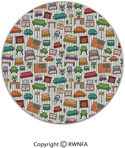 AngelSept Quality Well Woven Barclay Round Area Rugs,Various Home Interior Elements Armchair Table Mirror Design Elements Doodle Style 2' Diameter Multicolor,for Kids Room Bedroom Kitchen