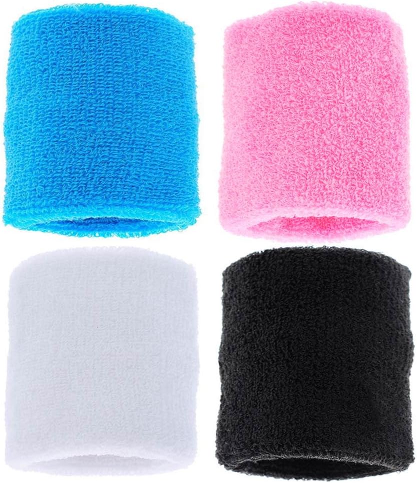 Top Sport Wristband | Set of 4 Unisex Wrist Sweatband / Wristband for Sports | Premium Latex Cotton with High Absorbency | Superb Wrist Protector to Reduce Excessive or Improper Use of Load | Blue, White, Black, Pink