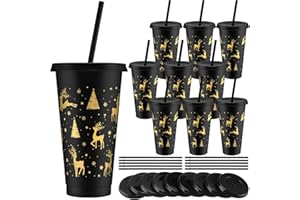Sliner 10 Pcs Black Christmas Plastic Cups with Lid and Straw 24oz Reusable Christmas Plastic Cups Thick Xmas Party Drinking Tumblers for Iced Coffee Xmas Party Supplies(Gold)