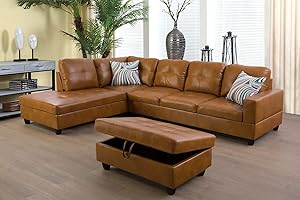 SIENWIEY Ginger Leather Sectional Couch for Living Room Set,Sectional Sofa L Shape Couch with Storage Ottoman/Ginger Faux Leather/Facing Left Chaise