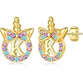 MONOOC Unicorn Gifts for Kids Girls - Unicorn Earrings for Girls Gifts, S925 Sterling Silver Post Hypoallergenic Initial Earring CZ Unicorns Stud Earrings Birthday Gift for Girl Kids Jewelry
