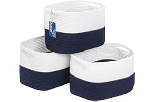 AUSSIY 3 Pack Rope Baskets for Storage Basket, Cotton Rope Woven Basket with Handles. Blanket Basket for Storing Clothes, Toys, Books, Shelves etc, 15''L x 10''W x 9.5''H, Off White/Blue