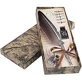 Quill Pen Set, Antique Feather Dip Pen with Nibs and Ink Bottle 5 Nibs Calligraphy Signature Pen with Executive Gift Box(Blac