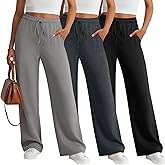Neer 3 Pack Women's Drawstring Pants Casual Wide Leg Lounge Yoga Sweatpants Loose Comfy Palazzo with Pockets