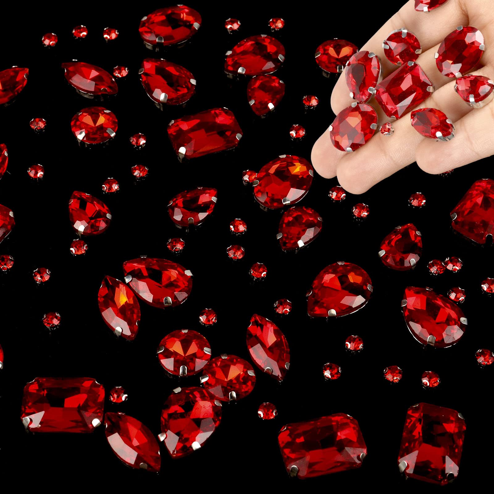 186 Pcs Glass Rhinestones, Clear Crystal, Metal Claw Sewing Gemstones for Craft and Dress Decoration (Red)