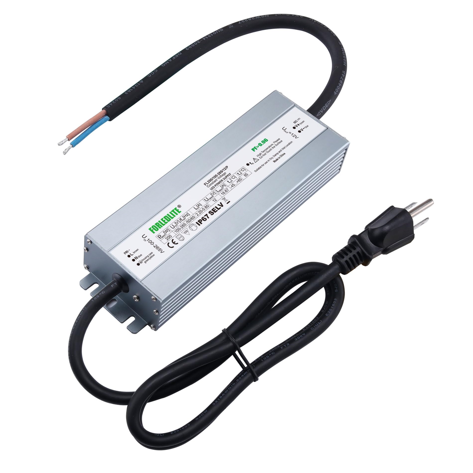Photo 1 of FORLEDLITE Wide Input 100~265V AC to DC 12V 200W Output IP67 Waterproof Constant Low Voltage LED Power Supply Transformer Driver with Preparation Input Plug for Outdoor Indoor LED Lights