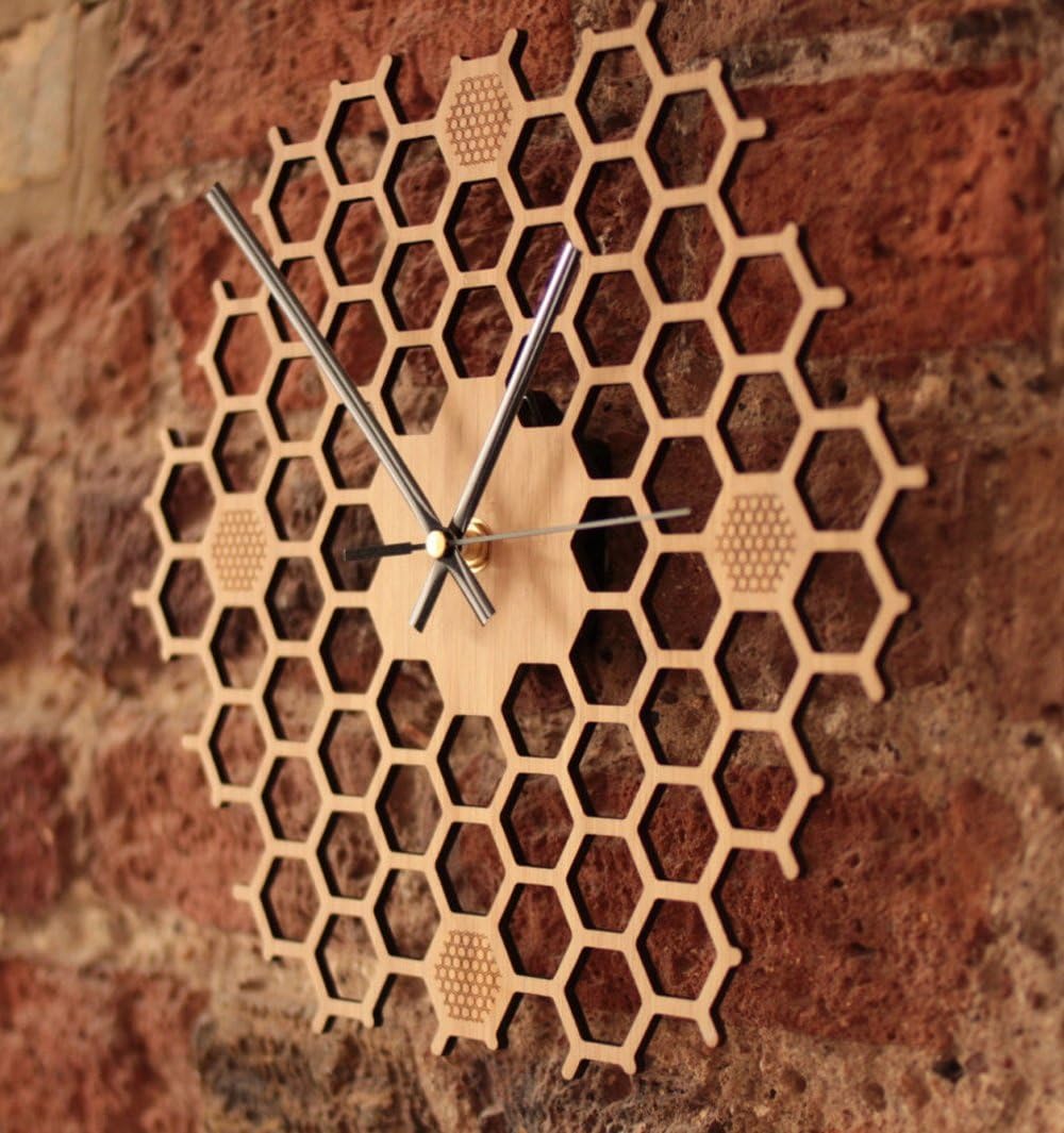 ZHENAI Creative Wall Clock Hexagon Original Wood Honeycomb Mute Clocks and Watches Office (Color : Wood Color, Size : 12 inches)