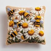 Latch Hook Pillow Kit Yellow Bees and Many Daisy Flowers 43x43cm | Printed Canvas Pillow Cover Already Sewed DIY Embroidery Pillowcase Crochet Yarn Hooking Craft Set for Hobby and Home Decor