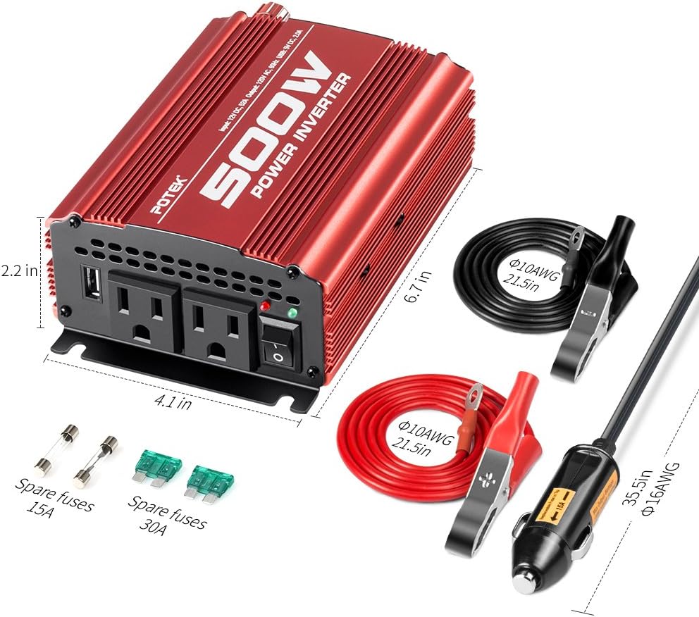 POTEK 500W Car Power Inverter DC 12V to AC 110V with 2AC outlets and 2A USB Port: Car Electronics