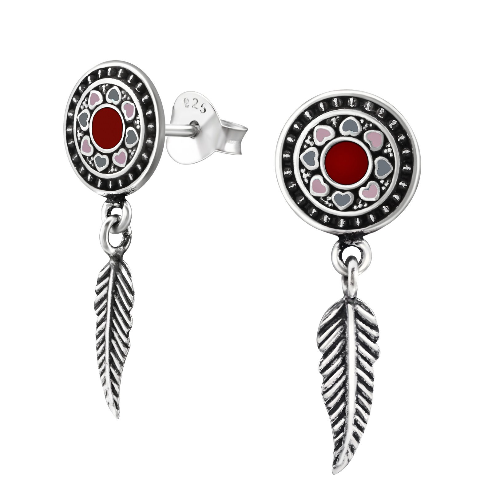 The Rose & Silver Company Women 925 Sterling Silver Round Ear Stud Earrings with Hanging Feather